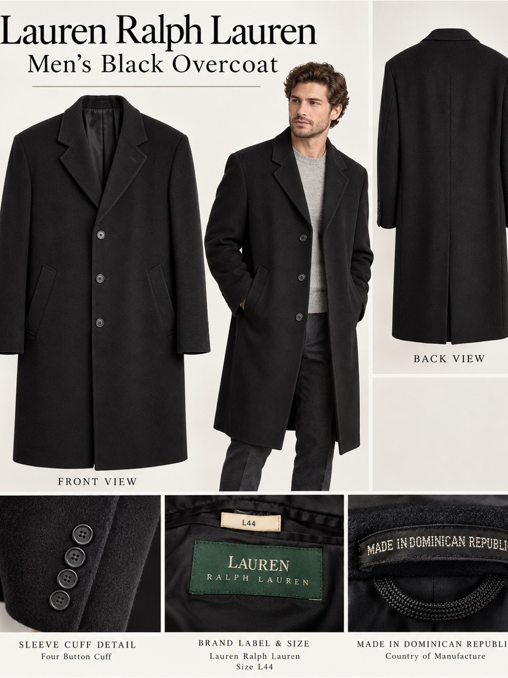 Lauren Ralph Lauren Men’s Black Long Overcoat – Size 44L